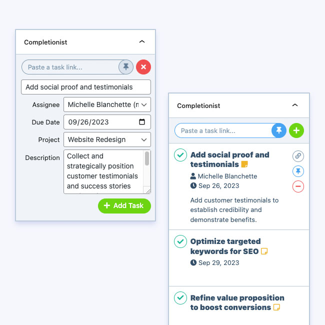 The pinned tasks metabox in the WordPress block editor by the Completionist WordPress plugin to create and list relevant Asana tasks directly on WordPress posts.
