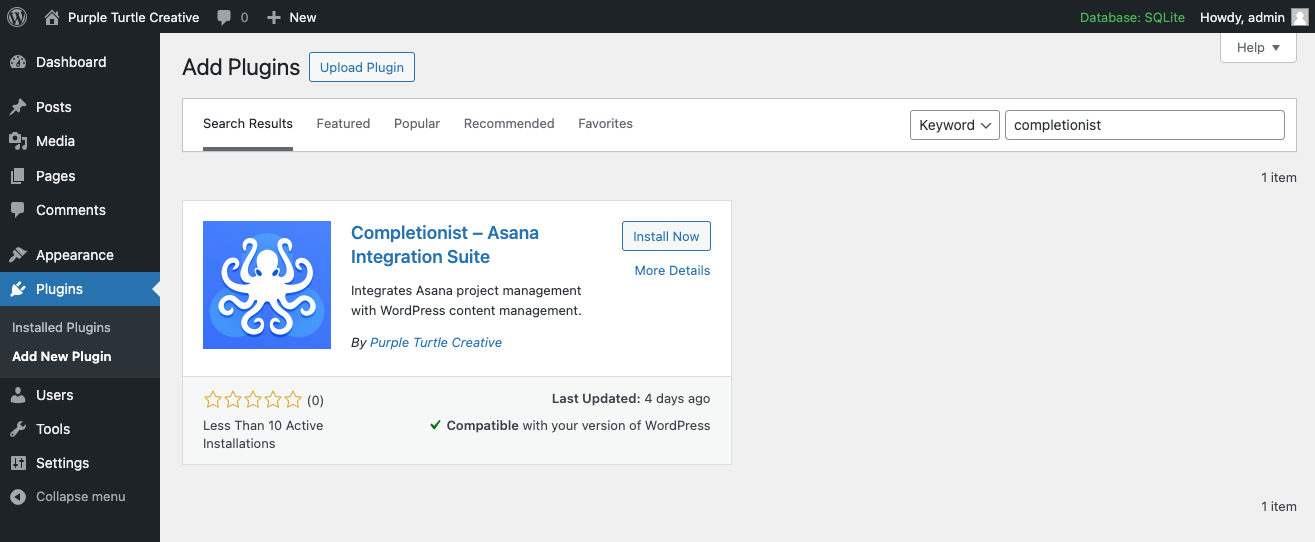 The "Add Plugins" screen in wp-admin with the plugin card titled "Completionist, Asana Integration Suite" to install.