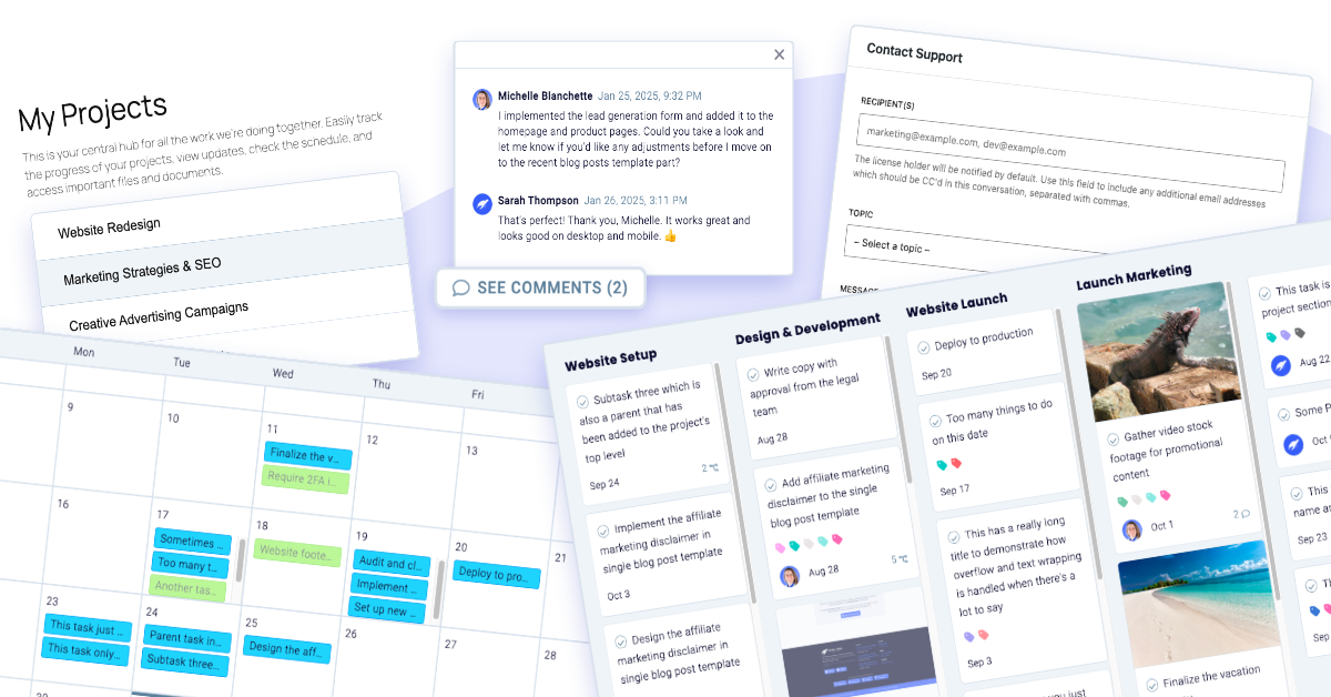 An exciting collage of various premium features offered in the Completionist PRO premium Asana WordPress plugin including personalized project lists, calendar and kanban project layouts, task comments, and premium support.